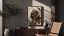 White-haired ninja sitting thoughtfully poster framed above a fluted sideboard beside an olive tree