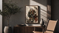 White-haired ninja sitting thoughtfully poster framed above a fluted sideboard beside an olive tree