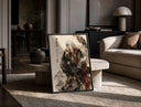 White-haired ninja sitting thoughtfully print in a black frame leaning on a travertine table in a sunlit lounge