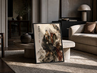 White-haired ninja sitting thoughtfully print in a black frame leaning on a travertine table in a sunlit lounge