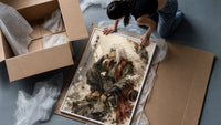 White-haired ninja sitting thoughtfully framed print being unpacked from protective bubble wrap and a box