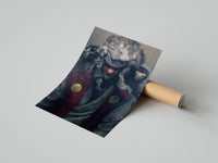 Unrolling a Jiraiya Toad Sage anime print with mystical toads across a grey concrete surface