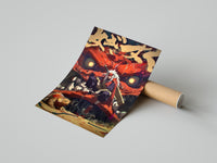 Hands carefully unrolling a Jiraiya Naruto art print with golden eyes over a concrete floor
