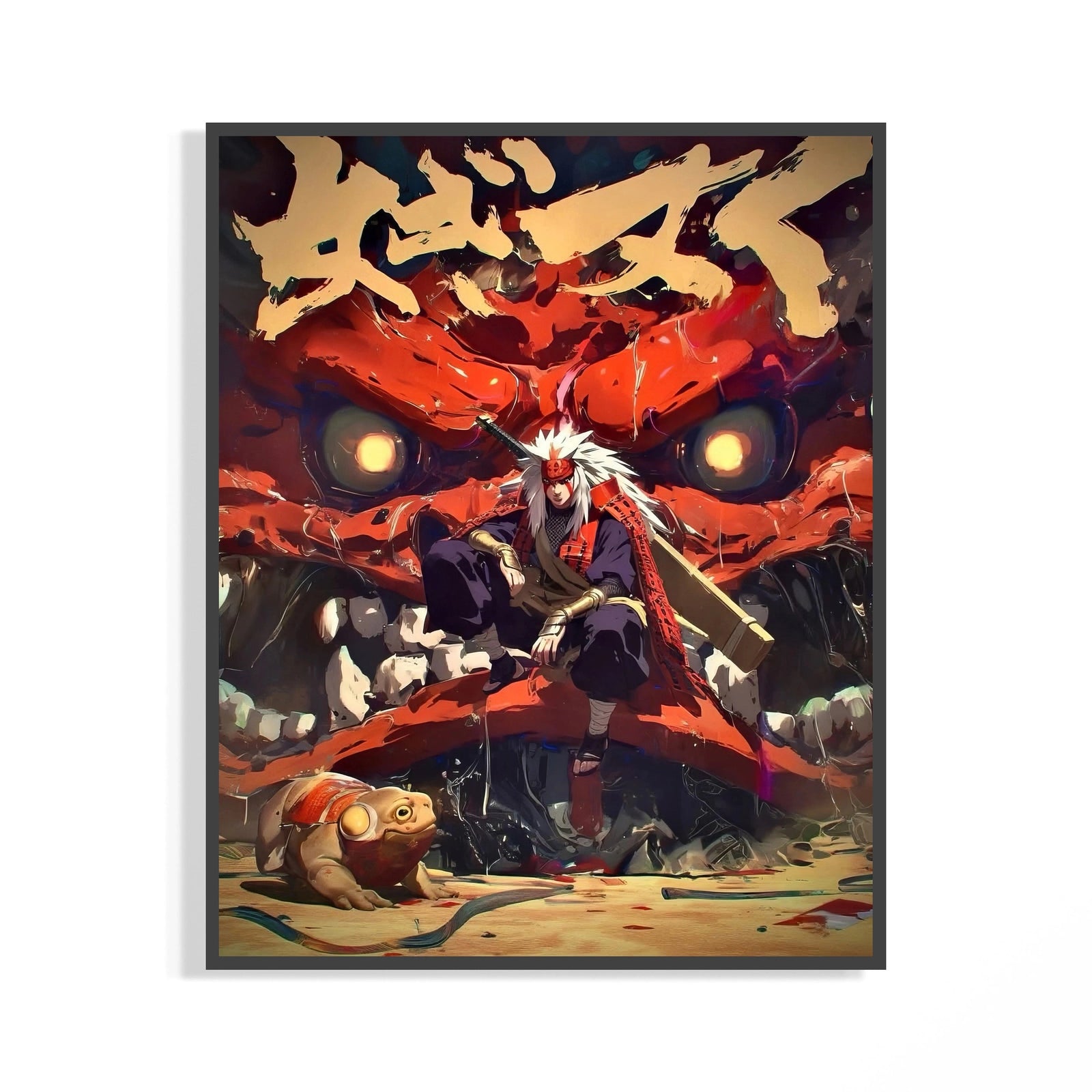 Jiraiya Toad Sage Naruto print with red chakra energy and glowing golden eyes displayed on a wall
