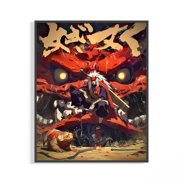 Jiraiya Toad Sage Naruto print with red chakra energy and glowing golden eyes displayed on a wall