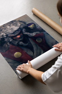 Woman lifting a Jiraiya Toad Sage anime print out of a brown cardboard shipping tube