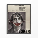 Joker Movie Poster featuring Joaquin Phoenix, showcasing a distressed design with red lips and dark makeup.