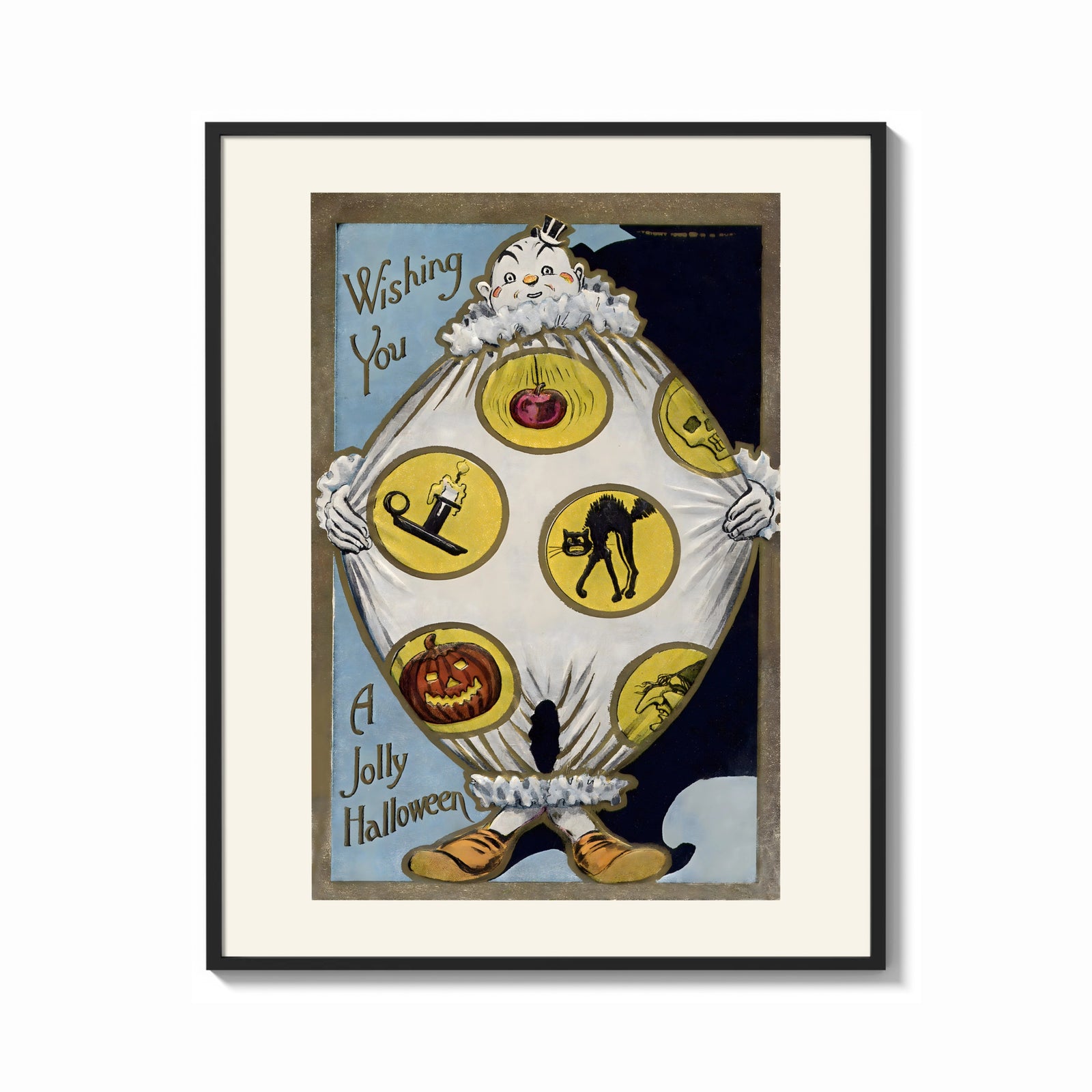 Framed Vintage Halloween clown holding sheet print shown as a bold statement piece on a clean gallery wall