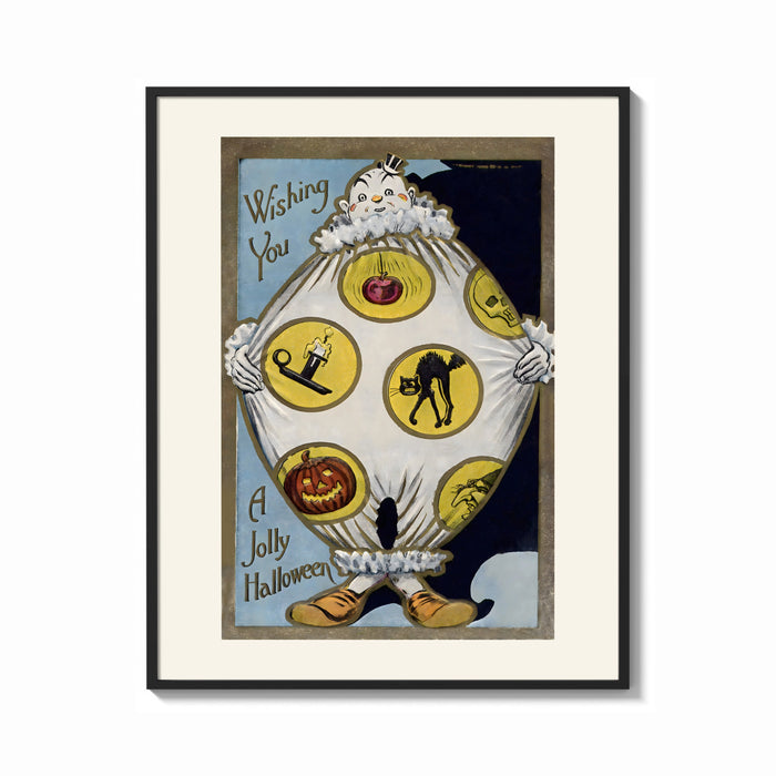 Framed Vintage Halloween clown holding sheet print shown as a bold statement piece on a clean gallery wall
