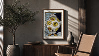 Vintage Halloween clown holding sheet poster framed above a fluted sideboard beside an olive tree