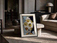 Vintage Halloween clown holding sheet print in a black frame leaning on a travertine table in a sunlit lounge