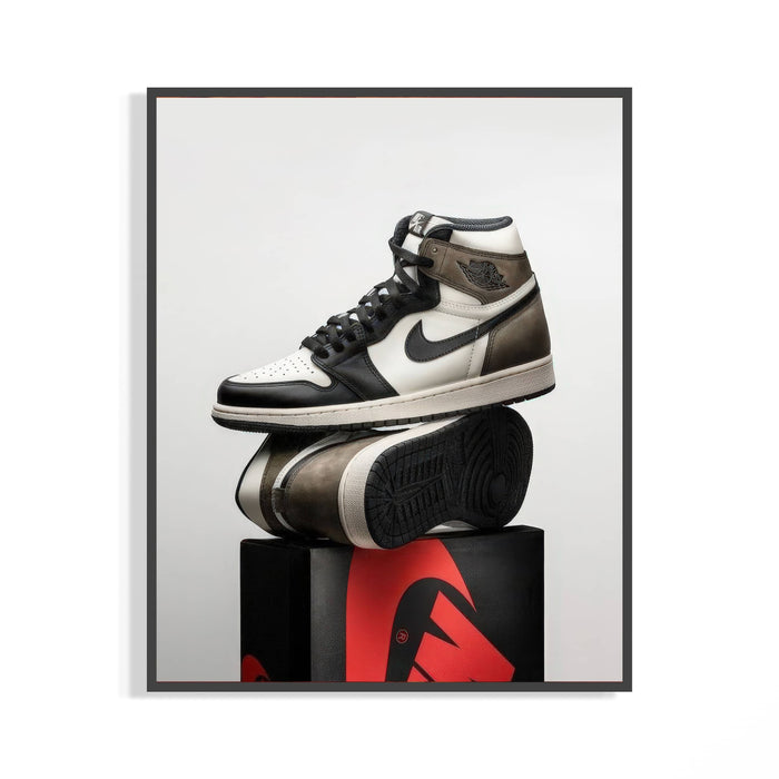 Air Jordan 1 Dark Mocha poster showing the brown and black sneaker pair stacked on a Jordan shoebox
