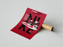 Jordan 1 Lost and Found Chicago red poster with deconstructed NIKE lettering on shipping tube