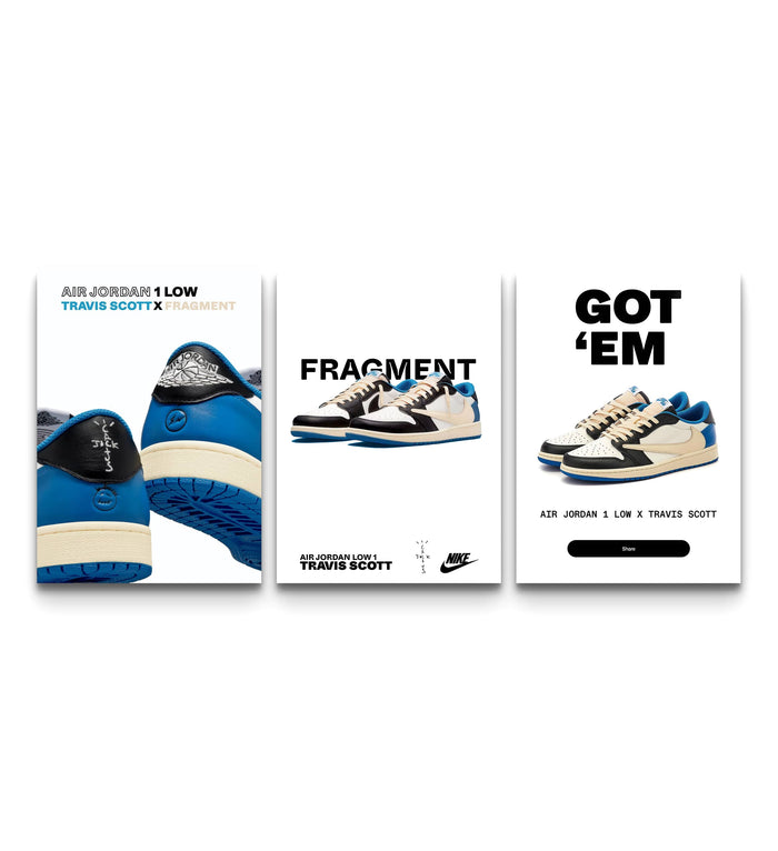 Trio of Air Jordan 1 Low Fragment x Travis Scott posters with editorial Fragment typography on a wall