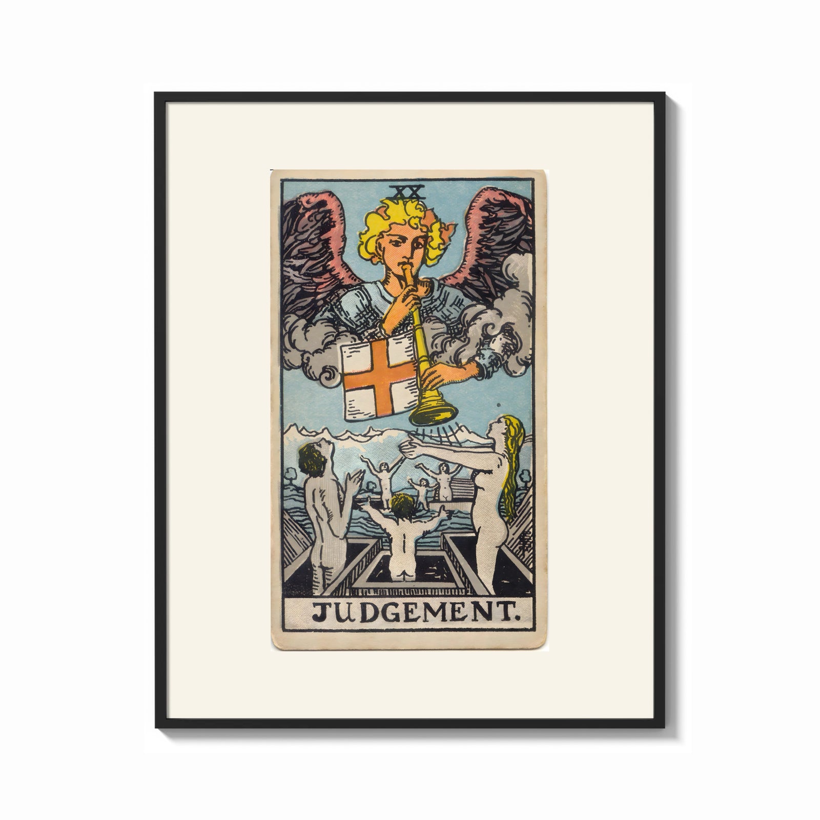 Framed Angel blowing trumpet over rising figures print shown as a bold statement piece on a clean gallery wall