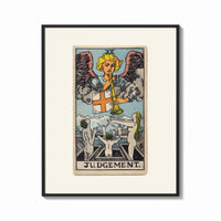 Framed Angel blowing trumpet over rising figures print shown as a bold statement piece on a clean gallery wall
