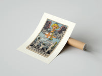 Rolled Angel blowing trumpet over rising figures poster beside its crush-resistant kraft shipping tube