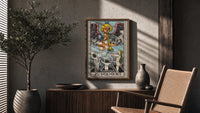 Judgement poster framed above a fluted sideboard beside a potted tree