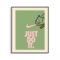 Framed chameleon poster in black frame, pink Nike swoosh over sage green with Just Do It text