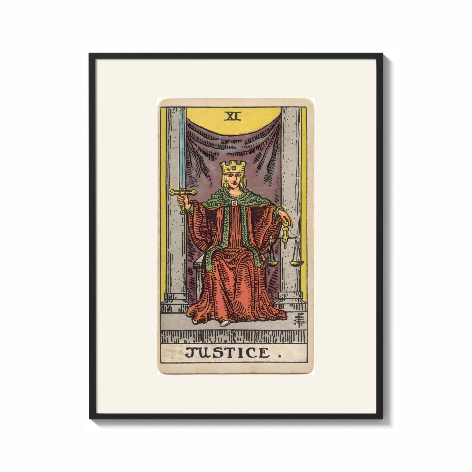 Framed Justice tarot card figure print shown as a bold statement piece on a clean gallery wall