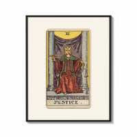 Framed Justice tarot card figure print shown as a bold statement piece on a clean gallery wall