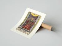 Rolled Justice tarot card figure poster beside its crush-resistant kraft shipping tube