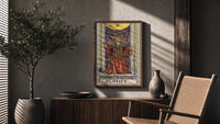 Justice poster framed above a fluted sideboard beside a potted tree