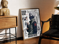 Brass-framed Kakashi Hatake ninja character print leaning in a warm styled corner by a sculpture