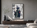 Kakashi Hatake ninja character poster framed above a wood console in a concrete-wall living room