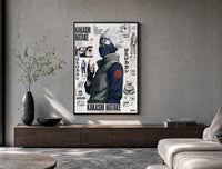 Kakashi Hatake ninja character poster framed above a wood console in a concrete-wall living room