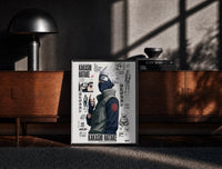 Black-framed Kakashi Hatake ninja character print on a moody console with designer coffee-table books