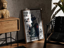 Walnut-framed Kakashi Hatake ninja character print leaning against a sunlit rustic brick wall