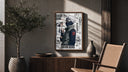 Kakashi Hatake ninja character poster framed above a fluted sideboard beside an olive tree
