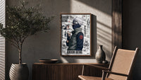 Kakashi Hatake ninja character poster framed above a fluted sideboard beside an olive tree
