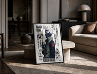 Kakashi Hatake ninja character print in a black frame leaning on a travertine table in a sunlit lounge