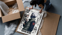 Kakashi Hatake ninja character framed print being unpacked from protective bubble wrap and a box