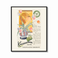 Framed Woman smelling tulips in vase print shown as a bold statement piece on a clean gallery wall
