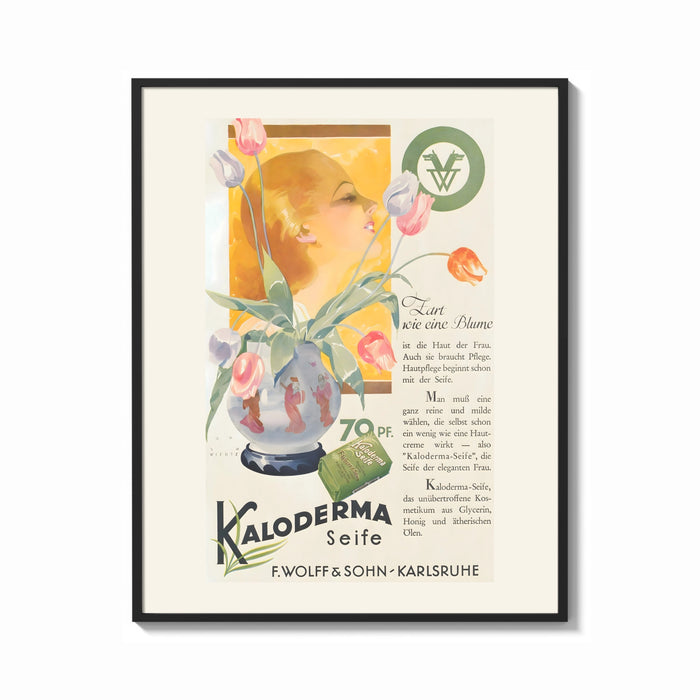 Framed Woman smelling tulips in vase print shown as a bold statement piece on a clean gallery wall