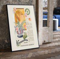 Woman smelling tulips in vase print in a black frame leaning beside a vintage door on parquet