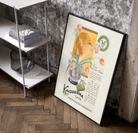 Woman smelling tulips in vase poster in a black frame leaning beside a shelf in a raw-plaster loft