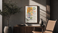 Woman smelling tulips in vase poster framed above a fluted sideboard beside an olive tree