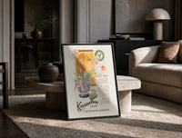 Woman smelling tulips in vase print in a black frame leaning on a travertine table in a sunlit lounge