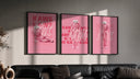 KAWS BFF figure trio triptych in three black frames on a grey wall above a leather sofa