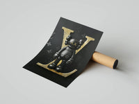 Single black KAWS figure standing before an oversized gold LV monogram in premium hypebeast wall art
