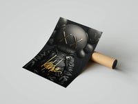 Single matte black KAWS-style figure showing bold gold XX eyes set against a deep dark backdrop