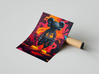 Rolled poster of a black KAWS figure with yellow shoes in pink and orange spray paint