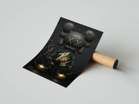 Black and gold KAWS hypebeast print layered with a graffiti-style signature overlay and metallic street energy