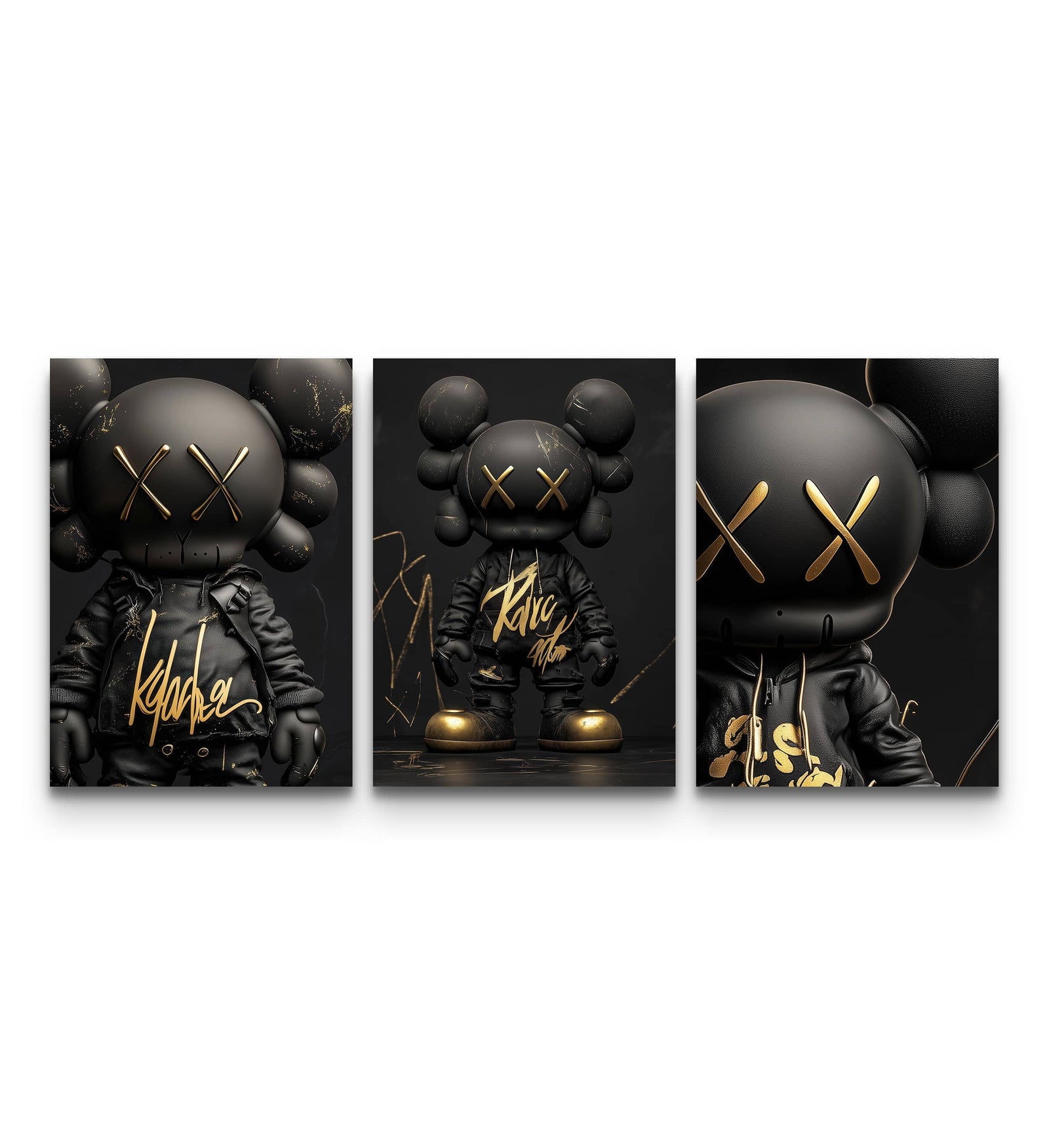 Three-panel KAWS Black Label XX poster set with matte black figures and gold XX accents on a dark background