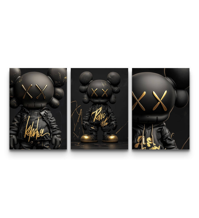 Three-panel KAWS Black Label XX poster set with matte black figures and gold XX accents on a dark background