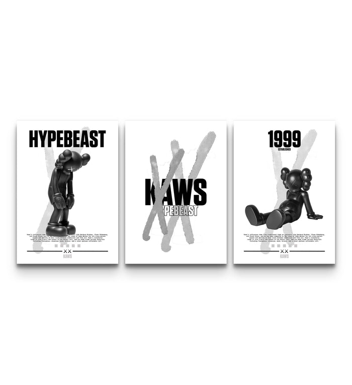 Monochrome KAWS trio with Hypebeast heading, XX brushstroke and 1999 Established designs on white background